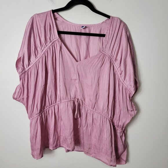 Old Navy Size XXL Waist-Defined Satin Shirred Tie-Front Short Sleeve Blouse Pink - Picture 2 of 7